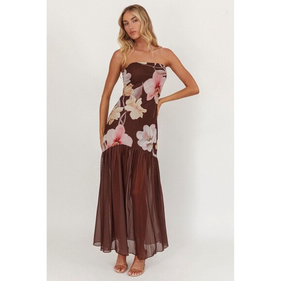 Saints And Secrets Wilma Sheer Midi Dress Chocolate Floral Size Small NWT - Picture 1 of 11